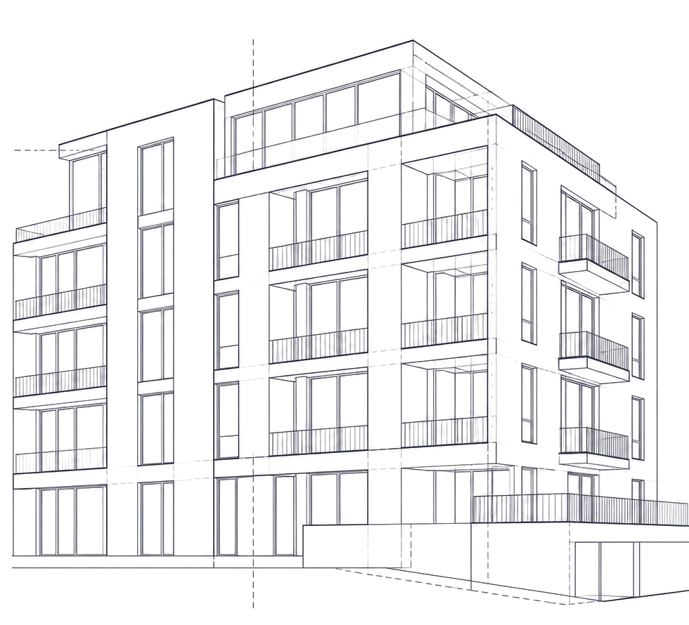Linienzeichnung eines modernen Geschosswohnungsbaus