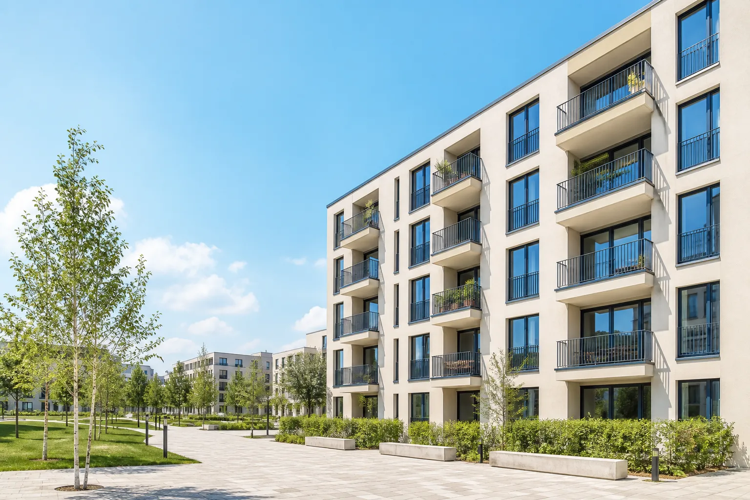 Helles Wohnquartier in Beige und Cyan, sonniger Platz vor der Fassade