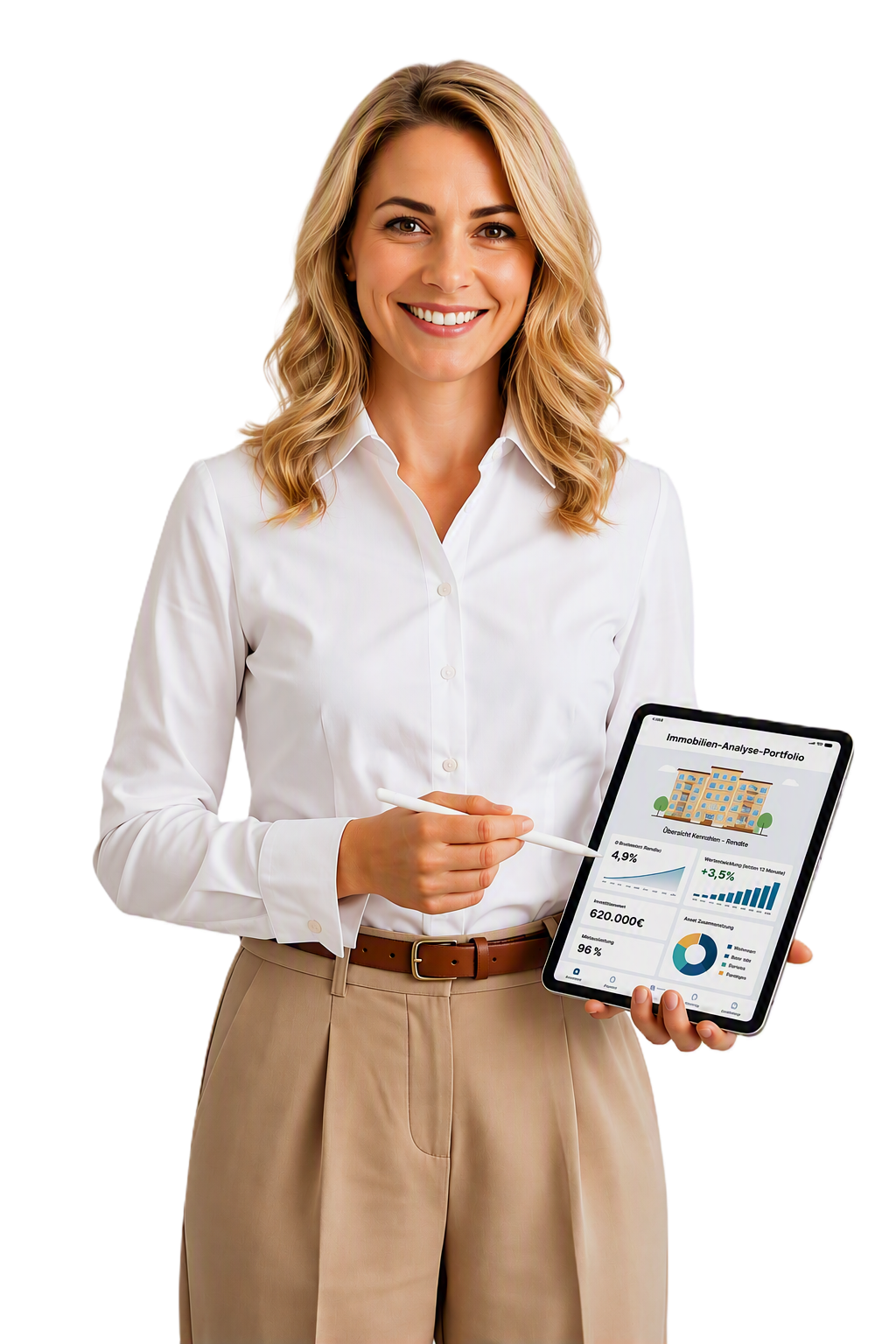 Bankberaterin mit Tablet und Kennzahlen zur Immobilienanalyse